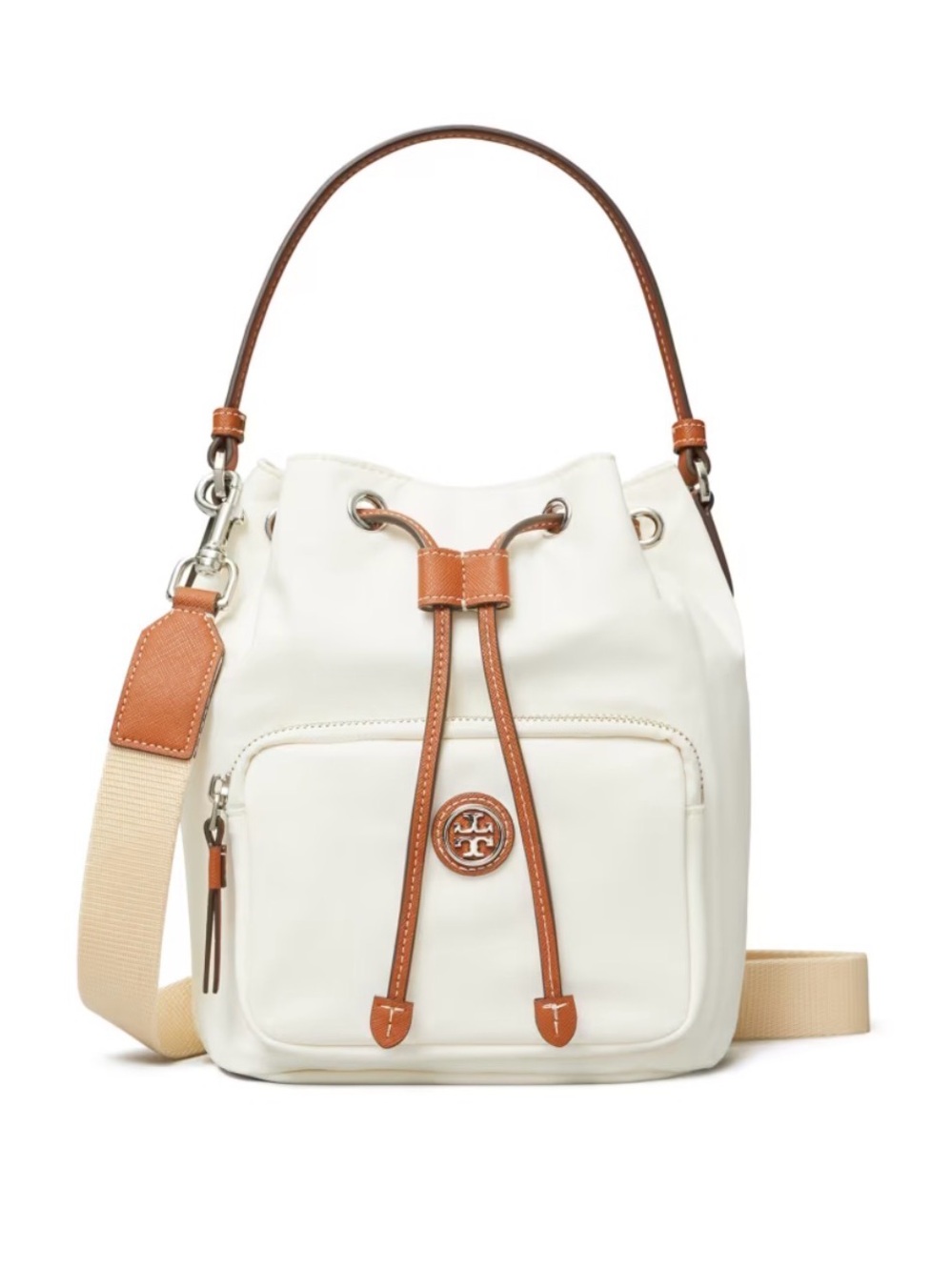 Tory Burch Cream Leather Drawstring Bucket Bag with Tan Accents